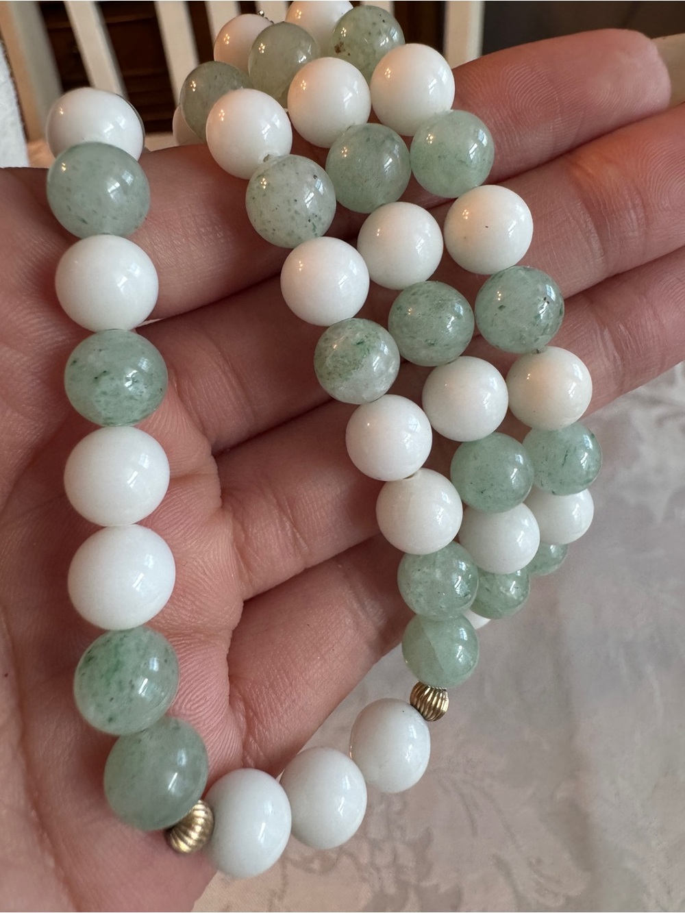 Vintage Mint Green and White Stone Beaded Necklace with Subtle Gold Accents - Picture 2 of 7